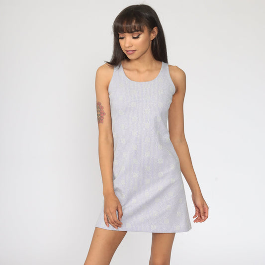 1970s Lavender Metallic Polka Dot Mini Dress Sleeveless Sheath Extra Small