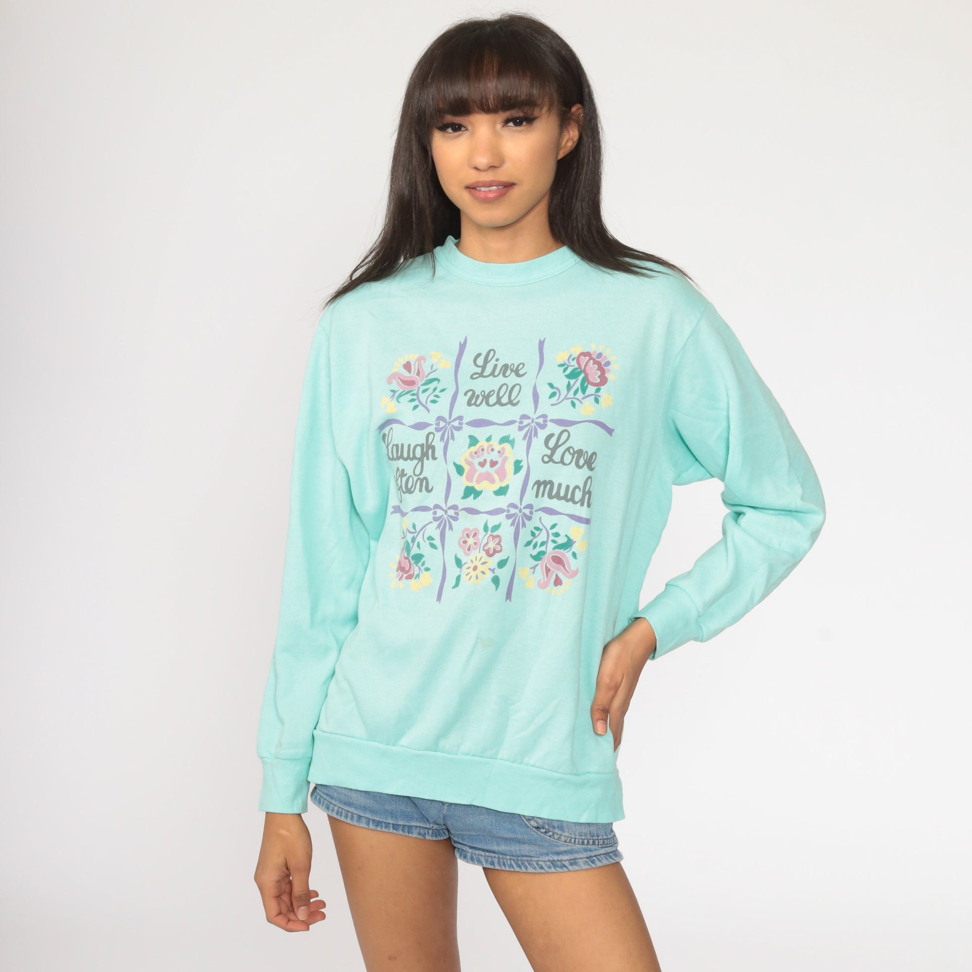 80s Live Laugh Love Slogan Sweatshirt Turquoise Graphic Crewneck Large