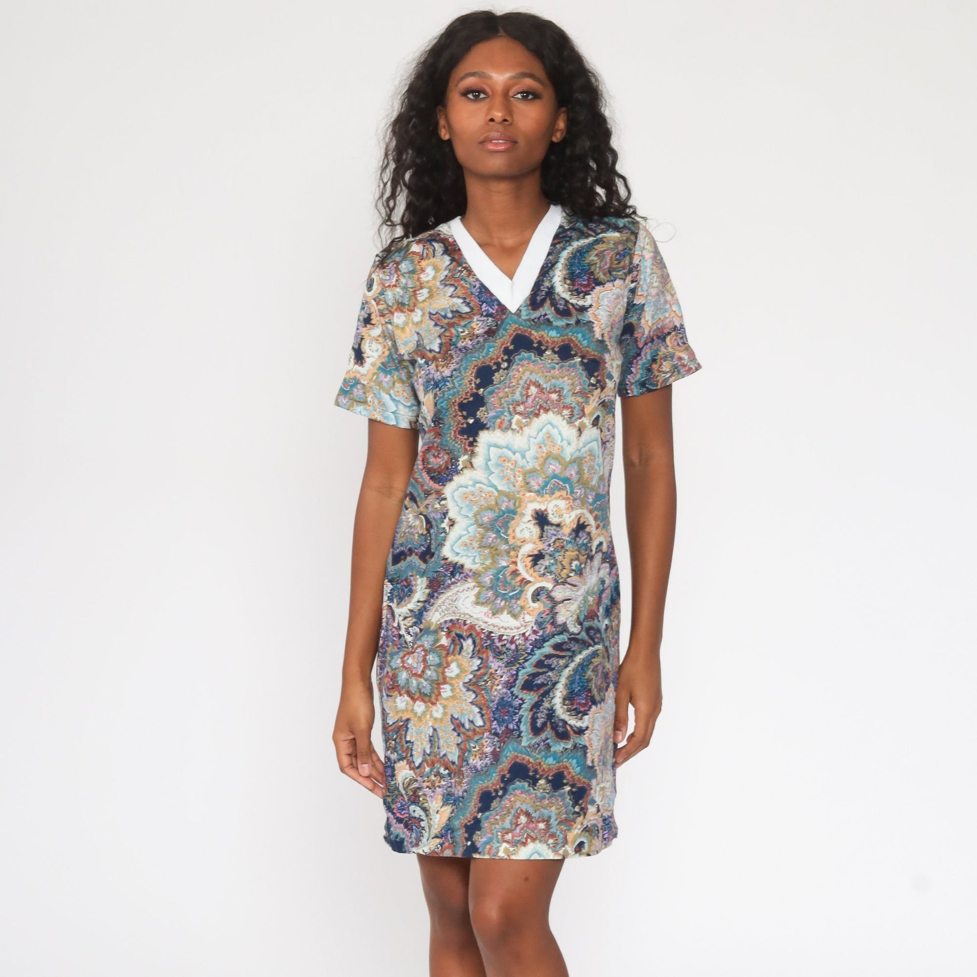 60s Psychedelic Paisley Shift Dress Mini V-Neck Blue Medium