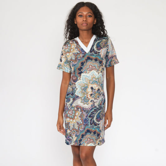 60s Psychedelic Paisley Shift Dress Mini V-Neck Blue Medium