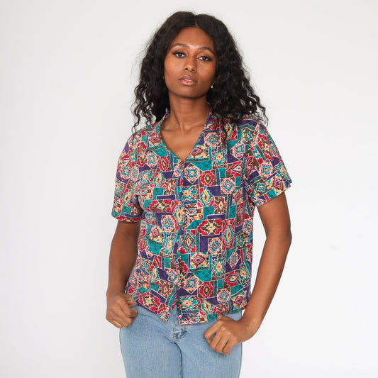 90s Geometric Tribal Print Cotton Button Up Shirt Medium