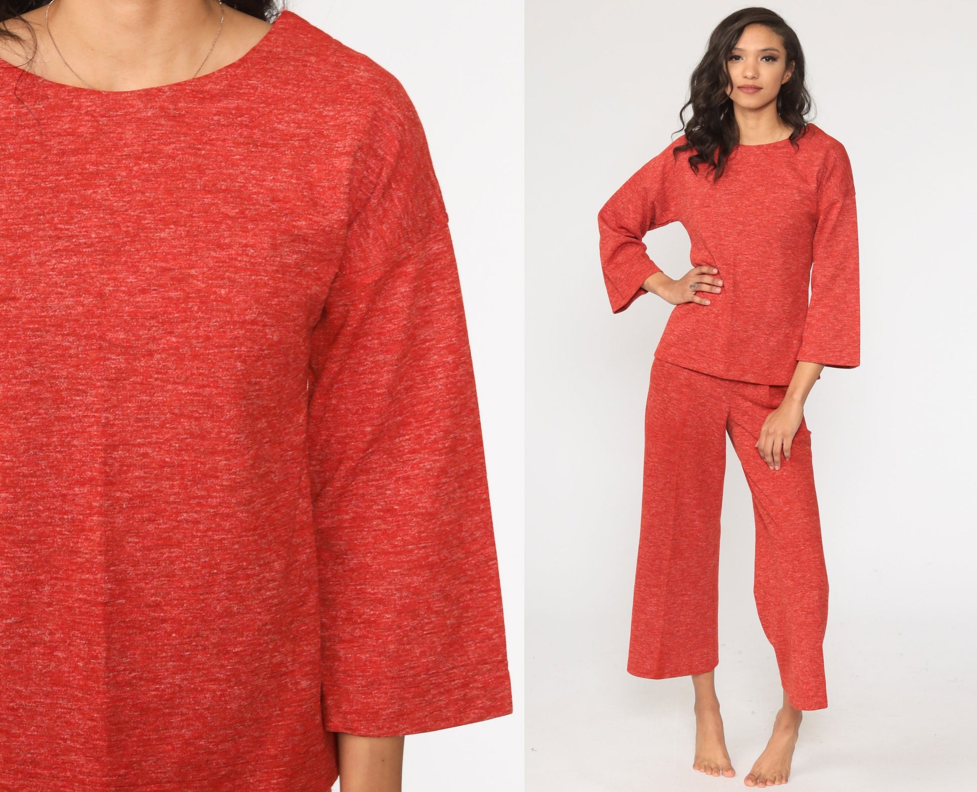 70s Red Bell Bottom Two Piece Set Long Sleeve Top Trousers Small