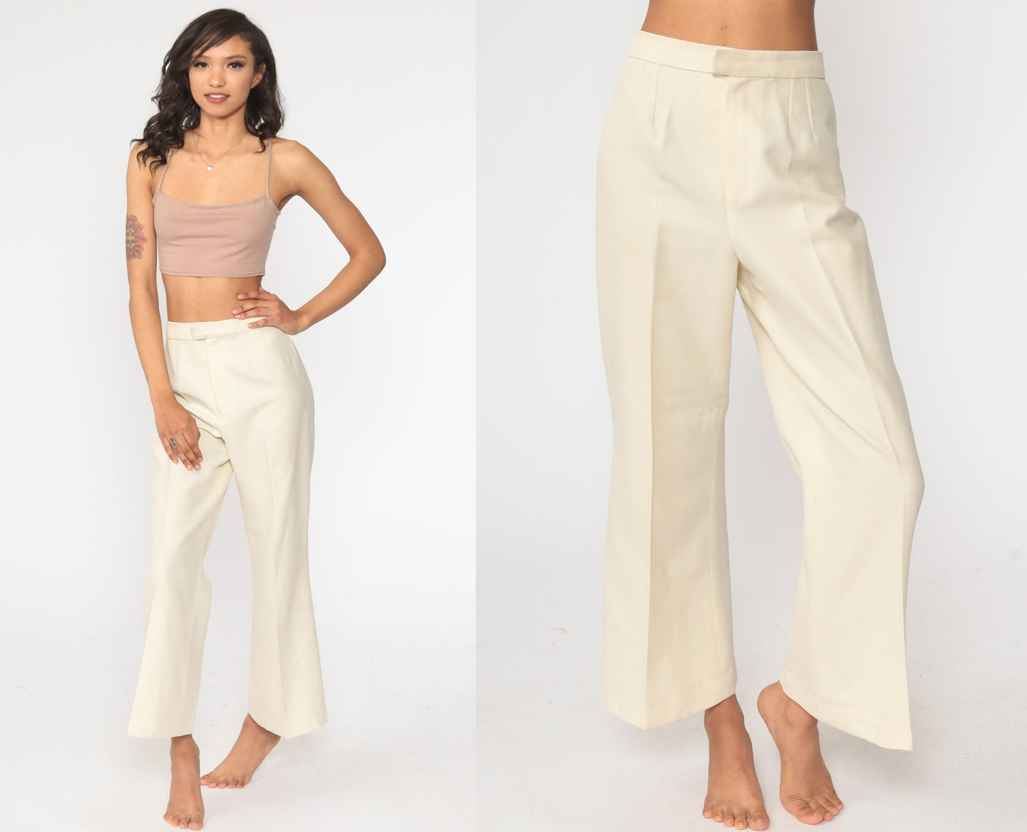 70s Cream Bell Bottom Trousers High Waist Vintage Pants Small 27