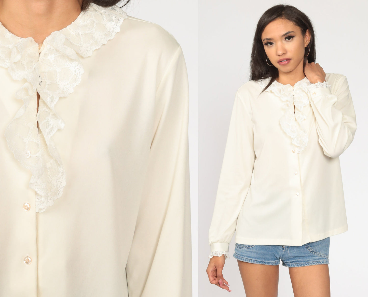 70s Cream Lace Ruffle Blouse High Collar Long Sleeve Button Up Large