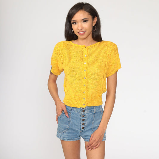 90s Golden Yellow Knit Cardigan Button-Up Short Sleeve Small Medium