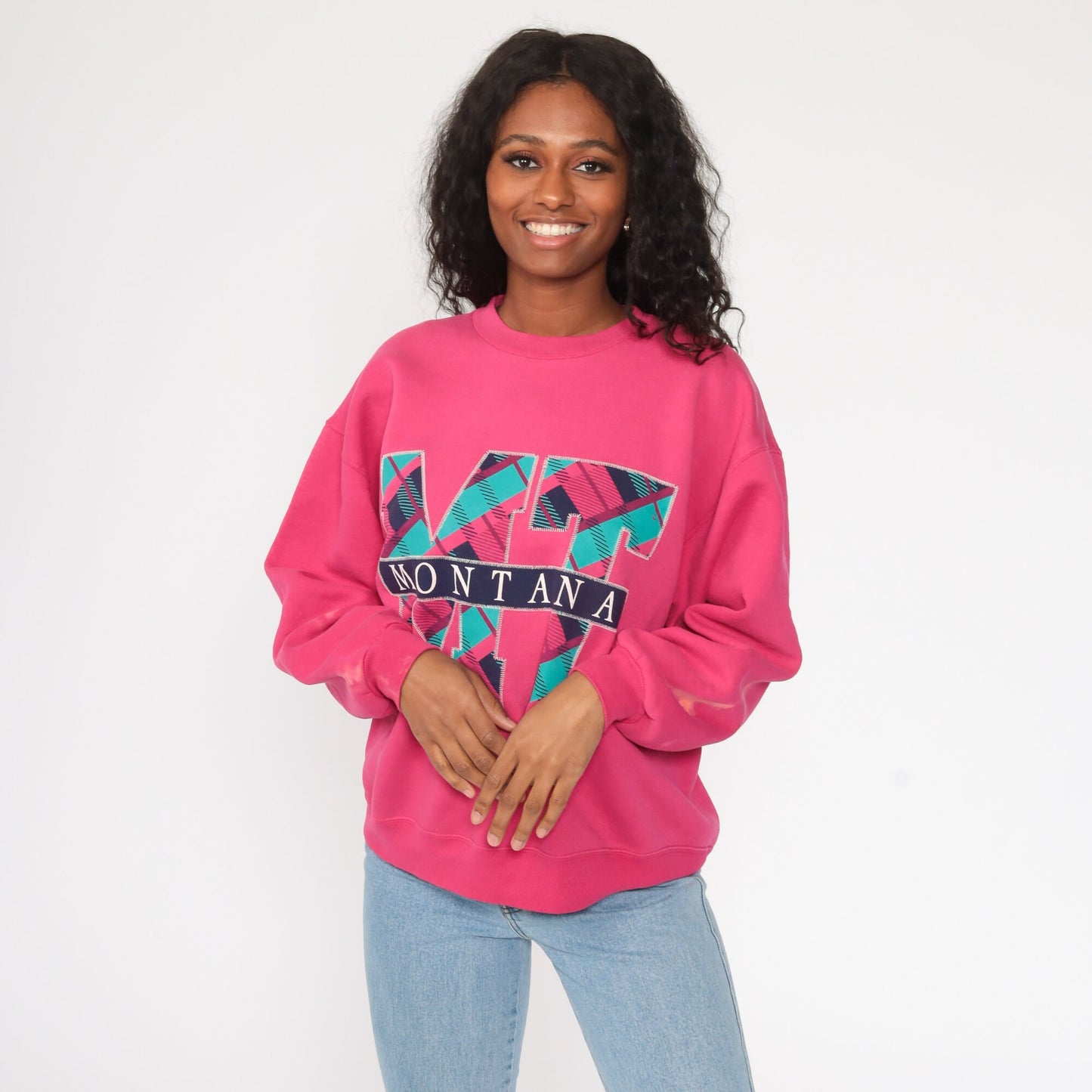 90s Jerzees Montana Graphic Sweatshirt Hot Pink Crewneck Distressed Large
