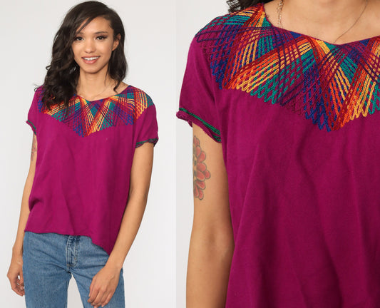 90s Purple Rainbow Striped Tunic Top Short Sleeve Small S