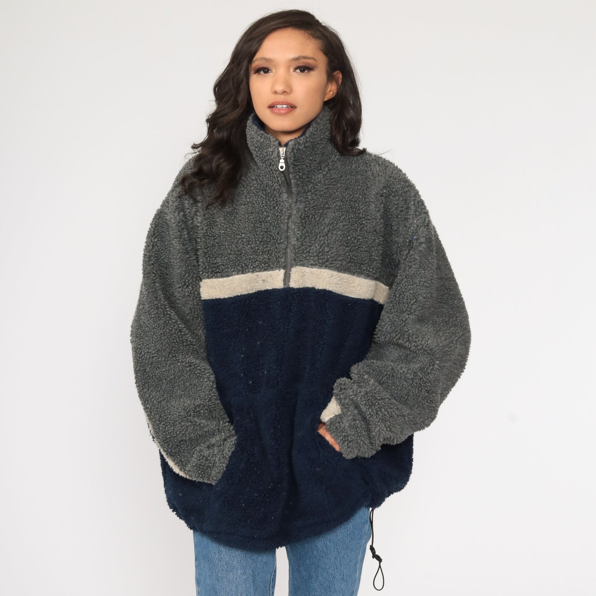 90s Navy Grey Colour Block Fleece Half-Zip Pullover Jacket Large