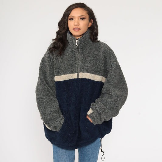 90s Navy Grey Colour Block Fleece Half-Zip Pullover Jacket Large