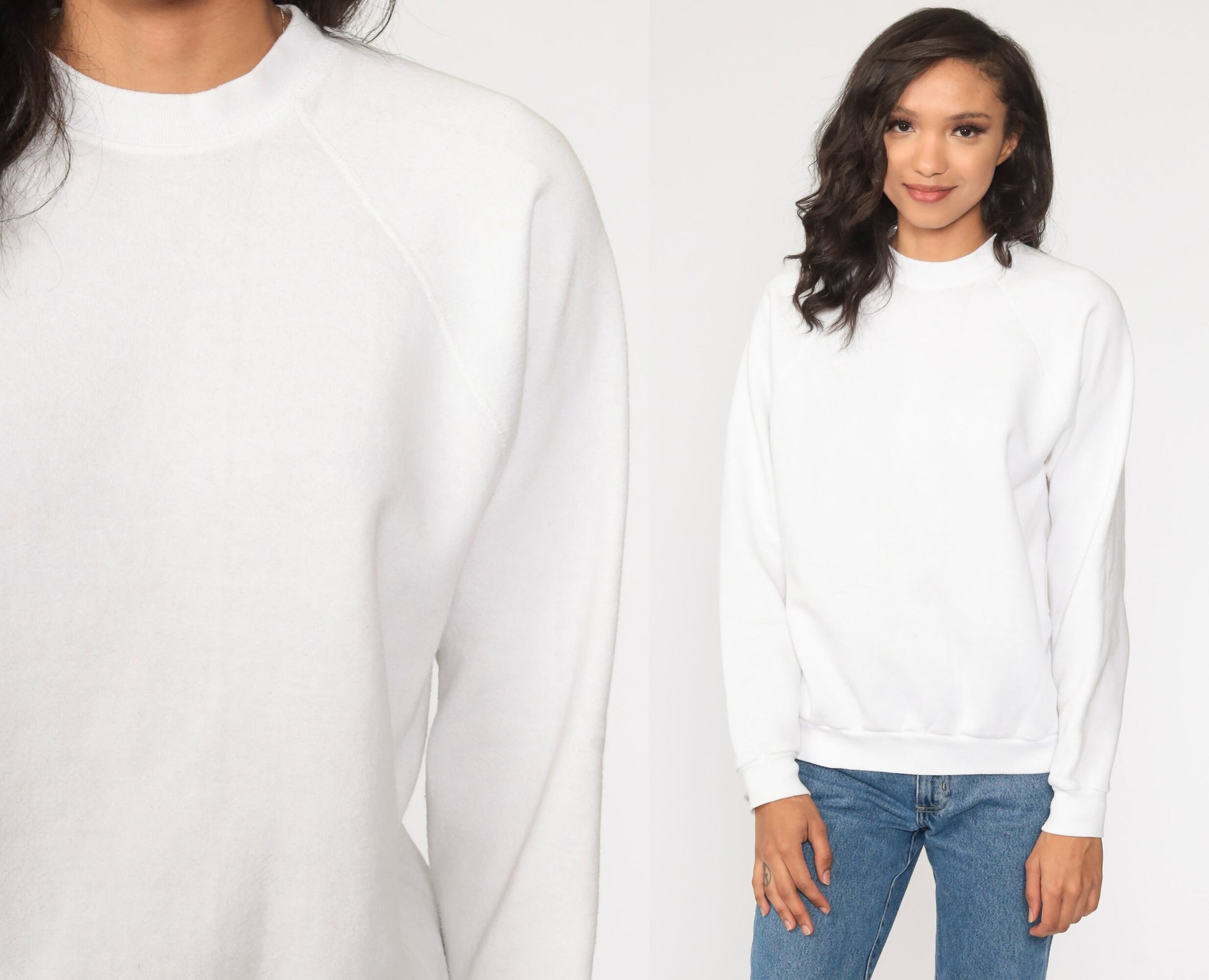 80s White Raglan Sweatshirt Crewneck Long Sleeve Plain Pullover Medium