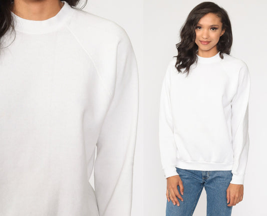 80s White Raglan Sweatshirt Crewneck Long Sleeve Plain Pullover Medium