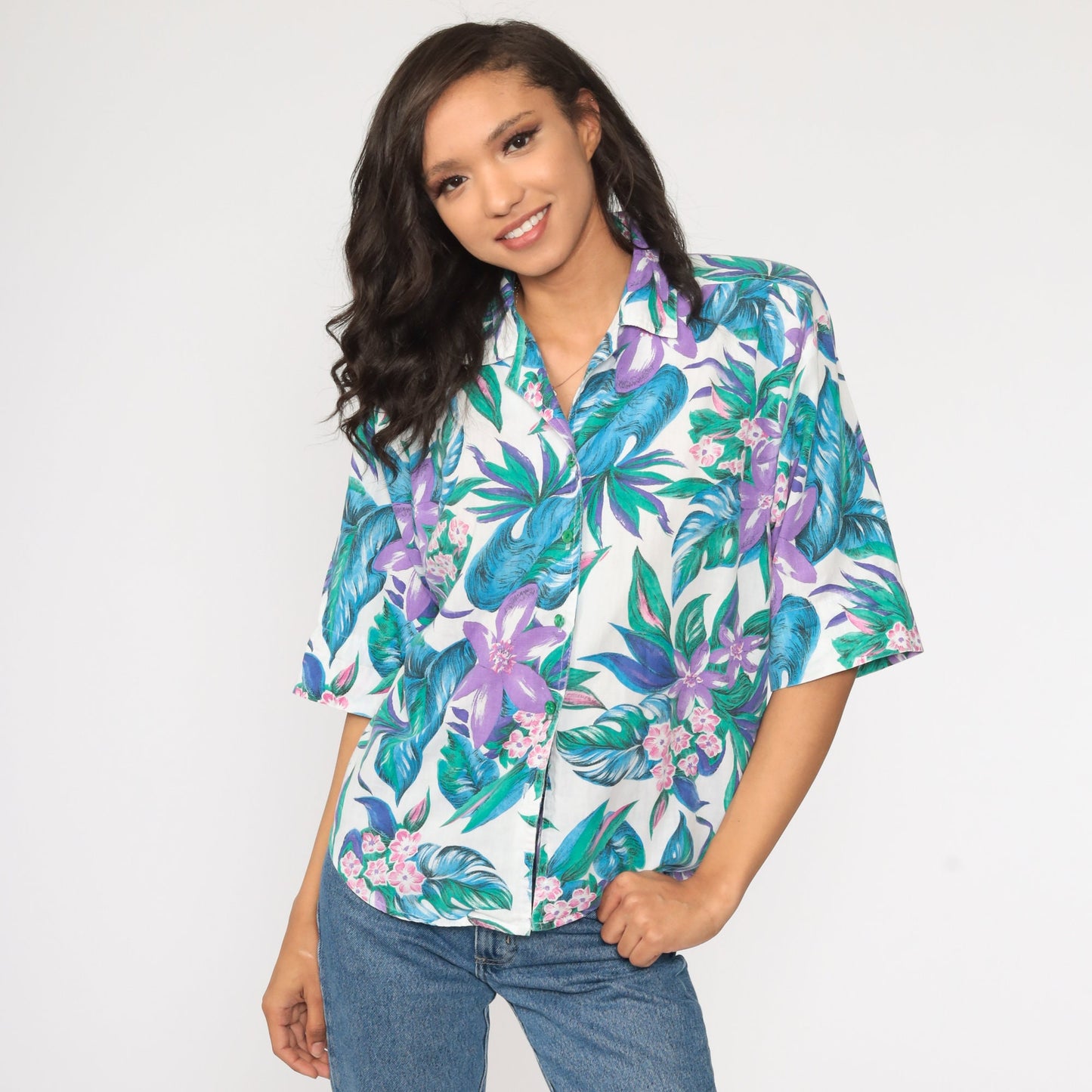 80s Tropical Floral Button-Up Shirt Green Purple Hawaiian Blouse Small