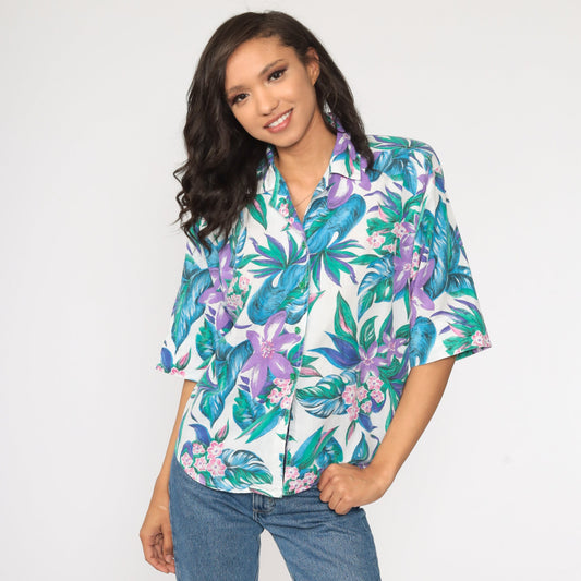 80s Tropical Floral Button-Up Shirt Green Purple Hawaiian Blouse Small