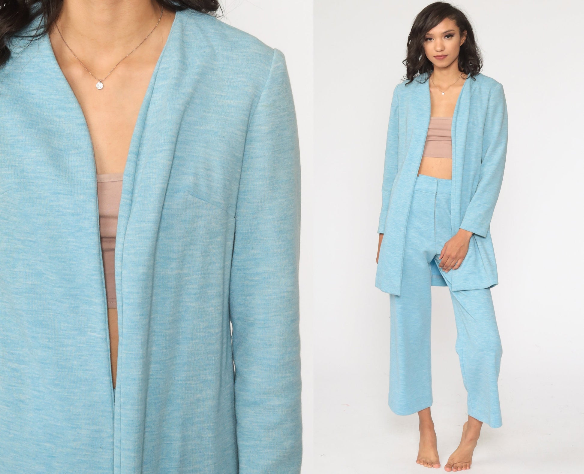 70s Baby Blue Bell Bottom Two Piece Set Jacket + Pants Medium