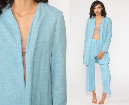 70s Baby Blue Bell Bottom Two Piece Set Jacket + Pants Medium