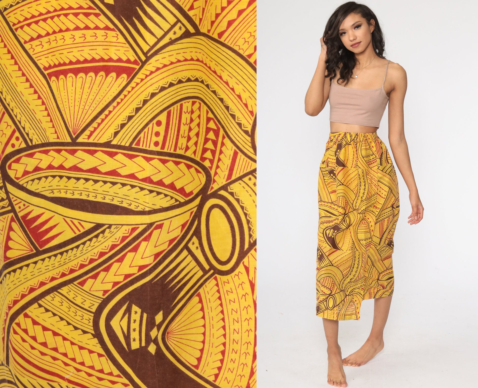 80s African Print Yellow Midi Skirt Elastic Waist Small Medium