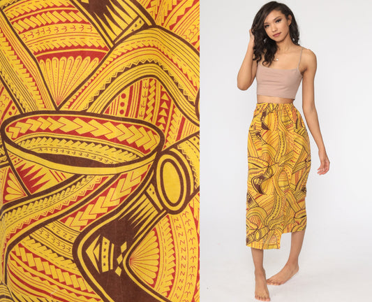80s African Print Yellow Midi Skirt Elastic Waist Small Medium