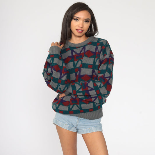 80s Geometric Print Knit Sweater Grey Pullover Large