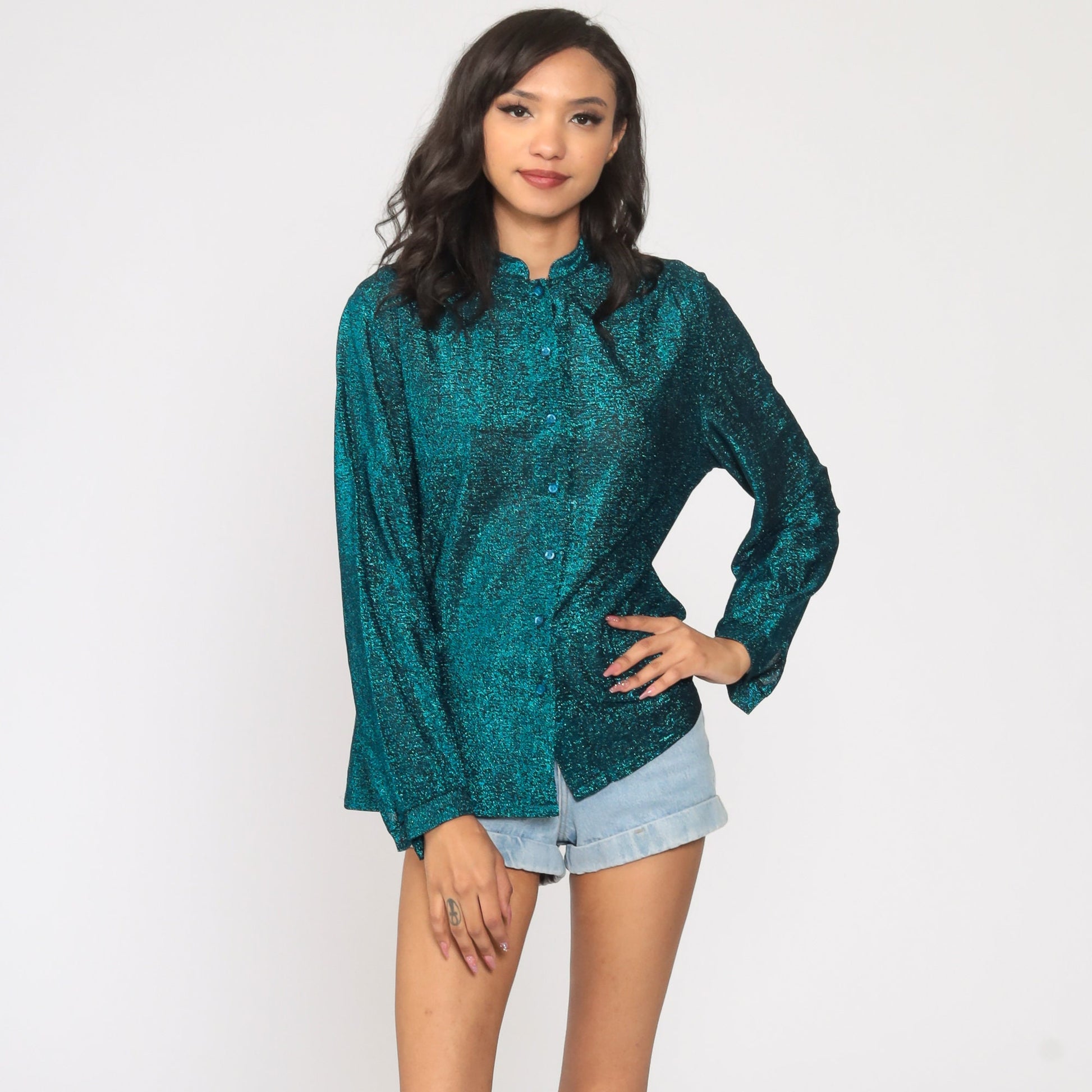 Metallic Blue Sheer Button-Up Blouse Long Sleeve 90s Medium