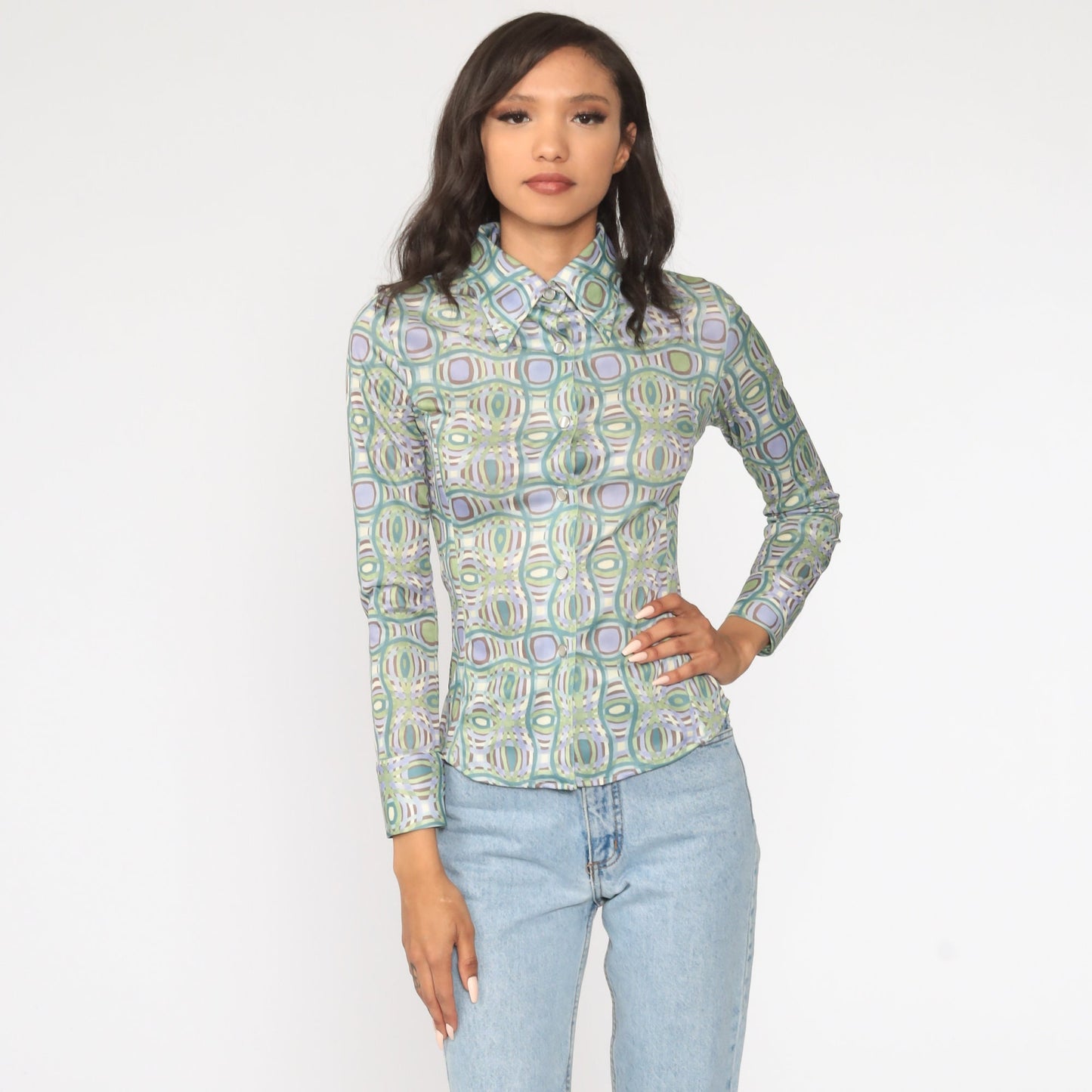 90s Geometric Print Button-Up Shirt Green Blue Long Sleeve Small
