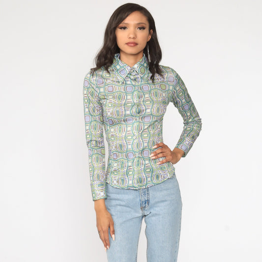 90s Geometric Print Button-Up Shirt Green Blue Long Sleeve Small