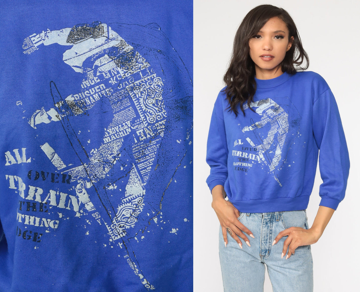 90s All Over Terrain Ski Graphic Sweatshirt Blue Crewneck Small