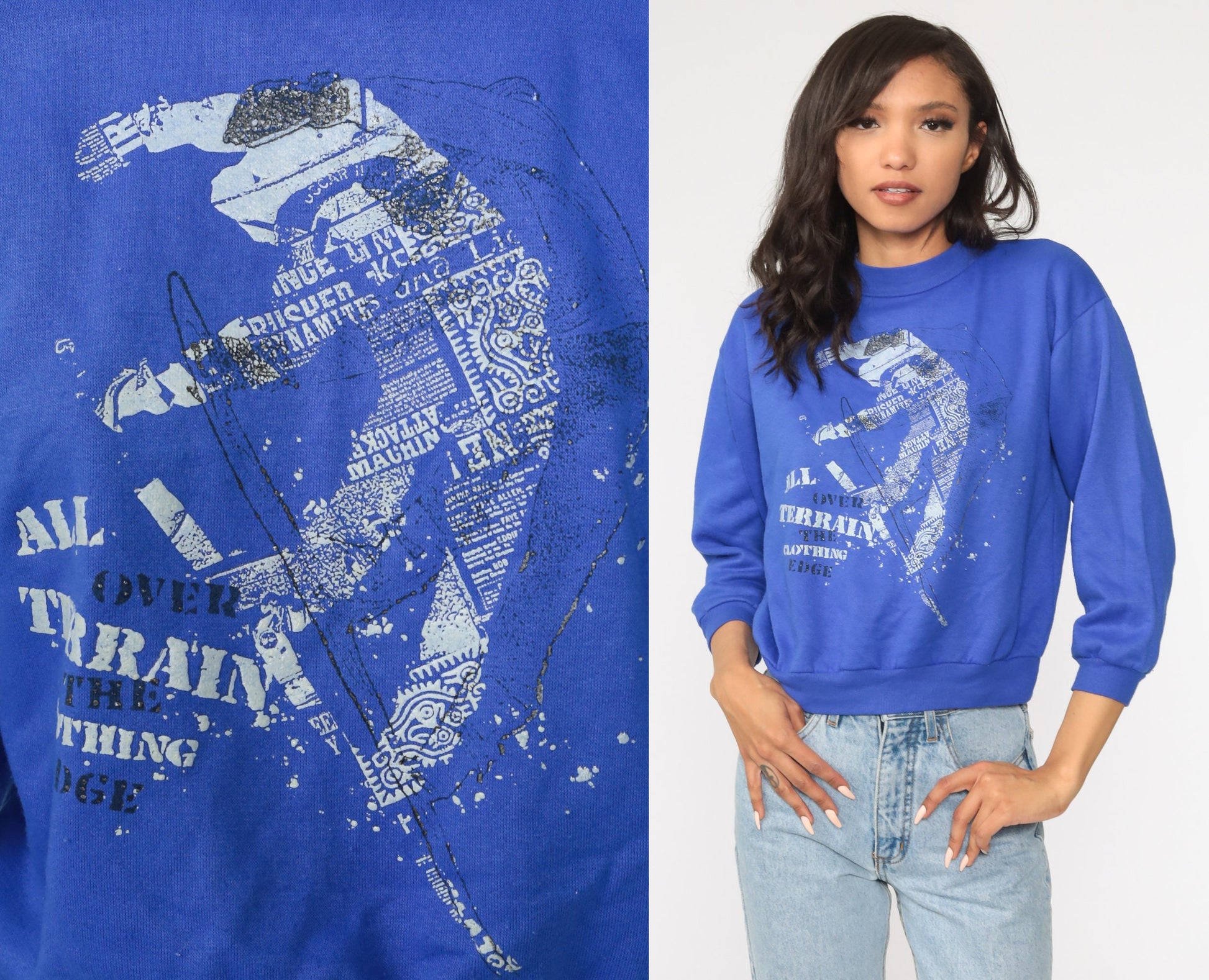 90s All Over Terrain Ski Graphic Sweatshirt Blue Crewneck Small
