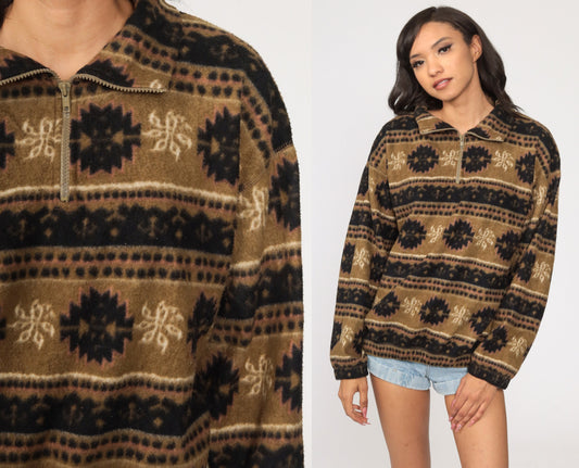 90s Bugle Boy Fleece Pullover Jacket Brown Geometric Quarter Zip Medium
