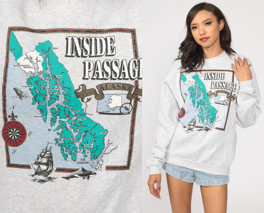 90s Alaska Inside Passage Whale Sweatshirt Grey Crewneck Extra Small