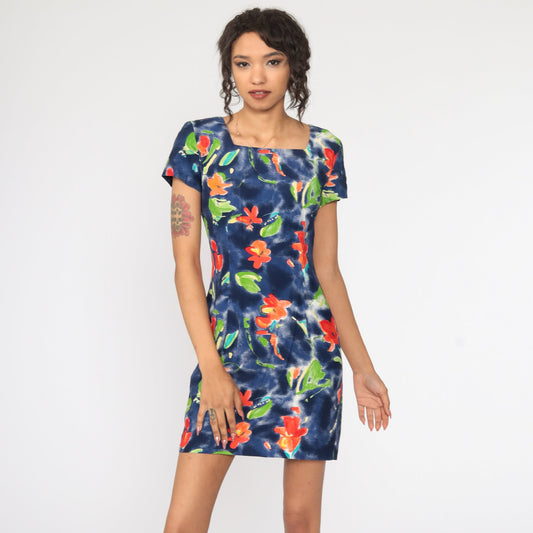 90s Jessica Howard Floral Mini Dress Blue Watercolor Sheath Short Sleeve Small