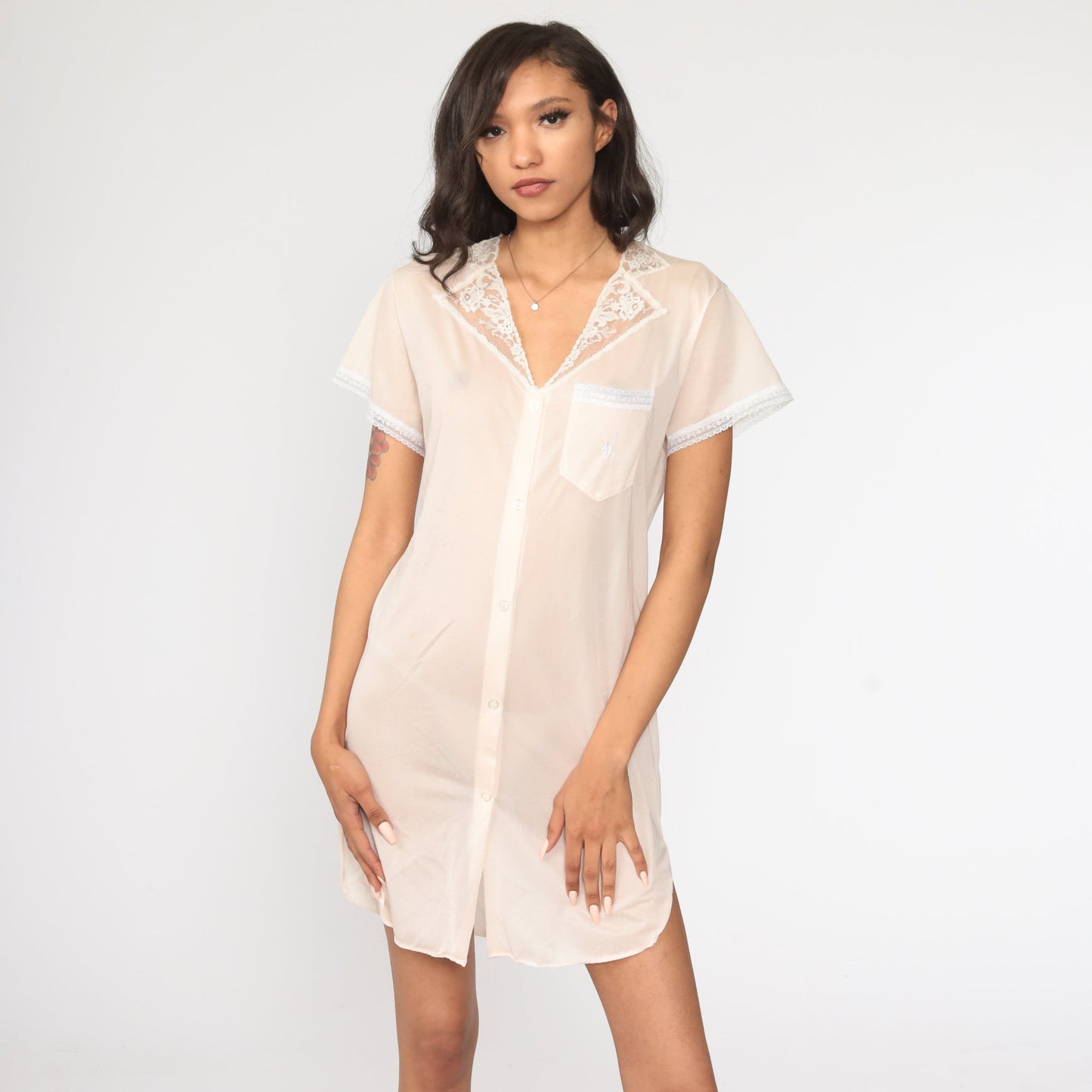 80s Pale Pink Nylon Pajama Dress Lace Trim Button Front Short Sleeve Medium
