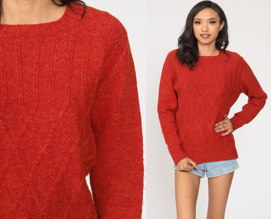 80s Red Wool Sweater Lattice Knit Crewneck Pullover Medium