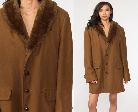 80s Brown Wool Jacket Faux Fur Collar Winter Coat Extra Large XXL