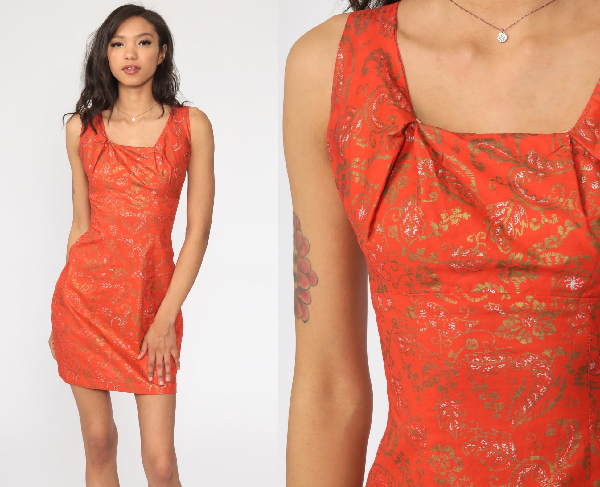 1950s Alfred Shaheen Hawaiian Sheath Dress Orange Floral Mini Extra Small