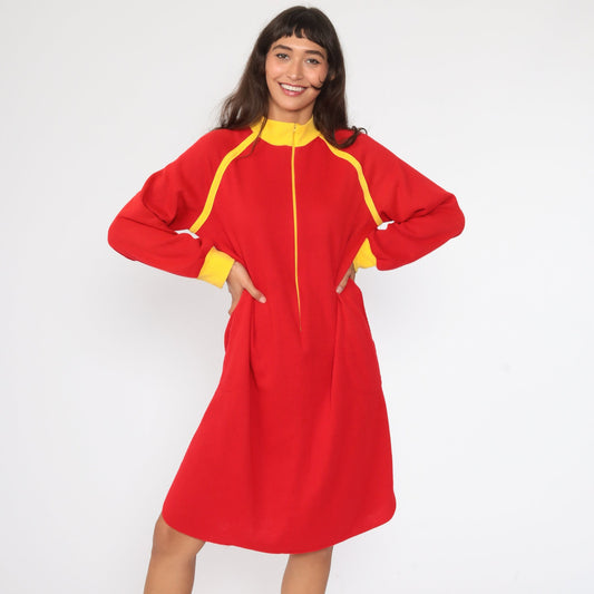 80s Red Pajama Dress Nightgown Yellow Trim Zip Front Mini