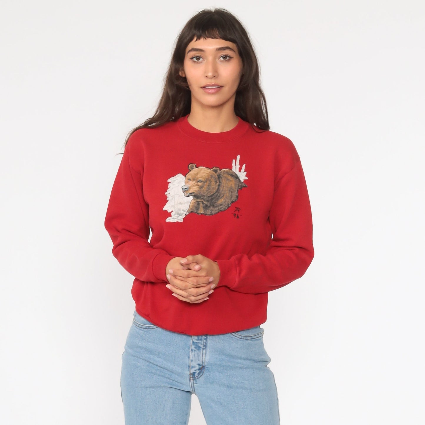 90s Bear Graphic Sweatshirt Red Crewneck Wildlife Print Small