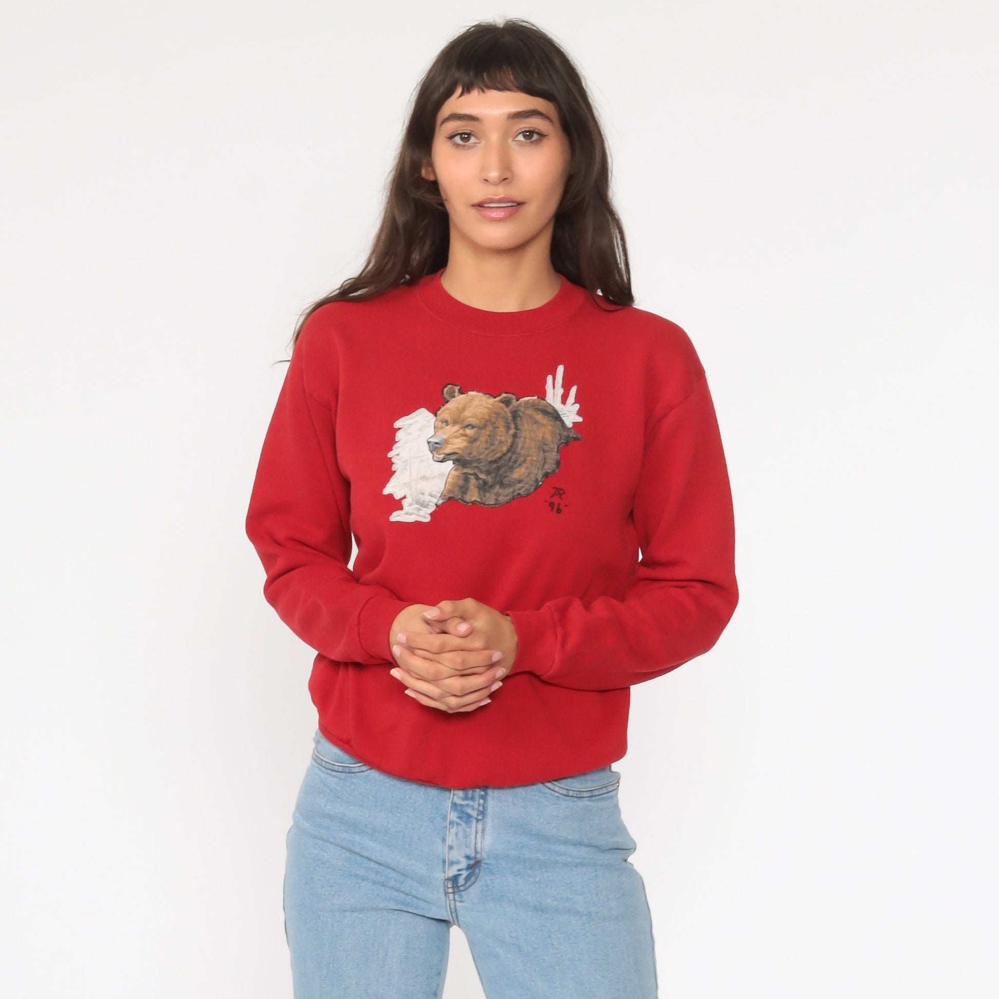 90s Bear Graphic Sweatshirt Red Crewneck Wildlife Print Small