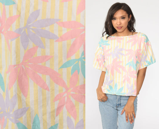 80s Wrangler Floral Print Shirt Pink Yellow Striped Short Sleeve Blouse Large L