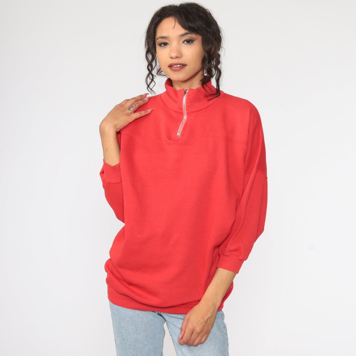90s Red Quarter Zip Funnel Neck Sweatshirt Pullover Large L