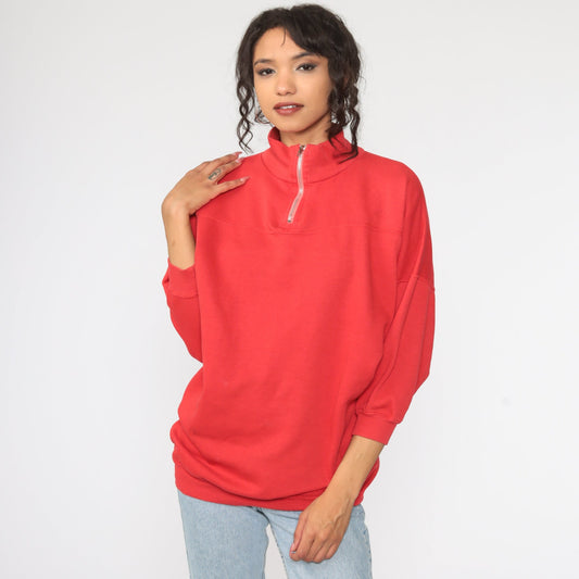 90s Red Quarter Zip Funnel Neck Sweatshirt Pullover Large L