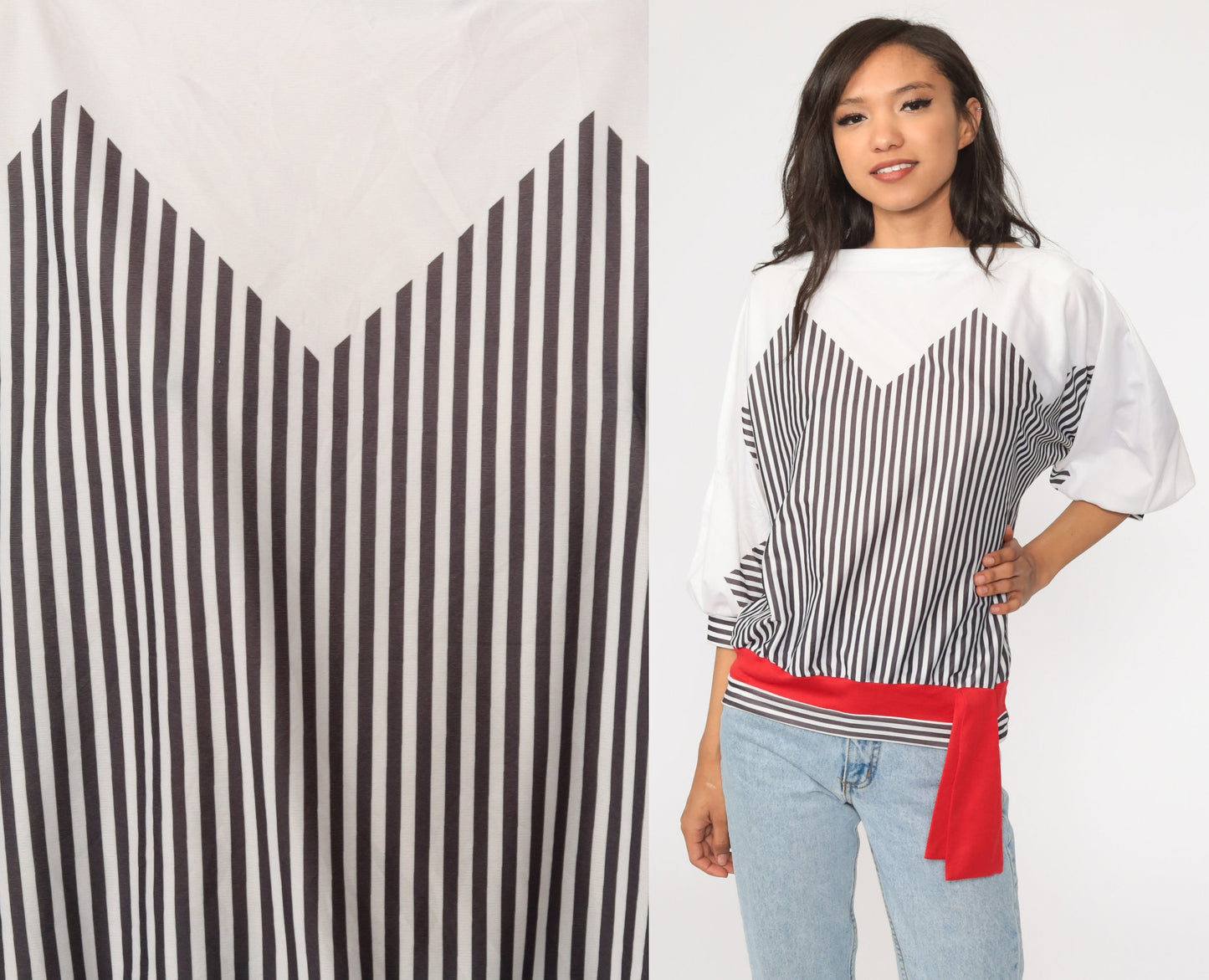 80s Black & White Striped Long Sleeve Top Medium