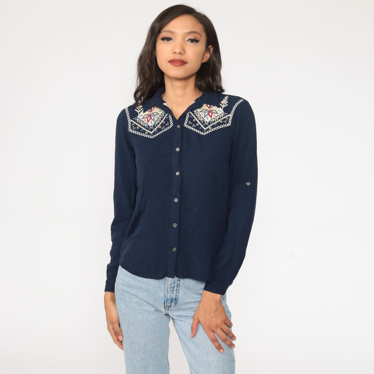 90s Navy Beaded Embroidered Floral Button-Up Blouse Long Sleeve Small