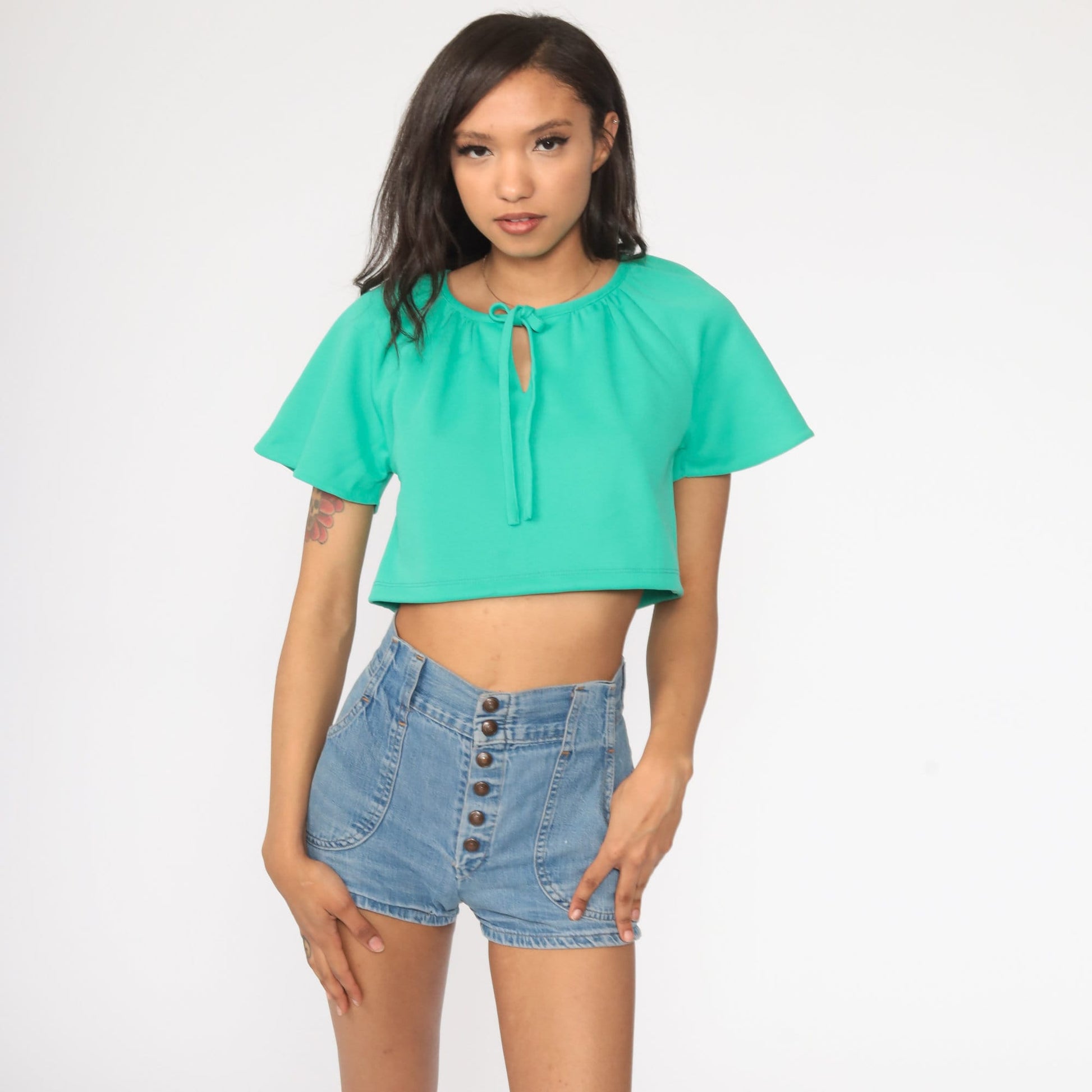 70s Green Crop Top Keyhole Neck Flutter Sleeve Blouse Small