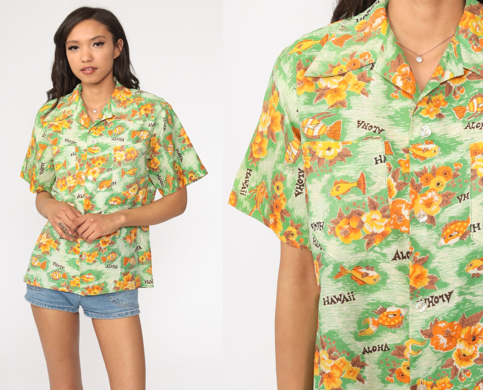 70s Hawaiian Shirt Tropical Fish Floral Button Up Unisex Medium Large