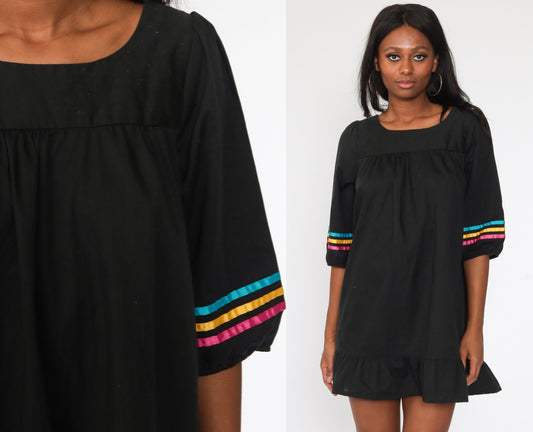 80s Black Puff Sleeve Mini Dress Tent Cut Ribbon Trim Medium