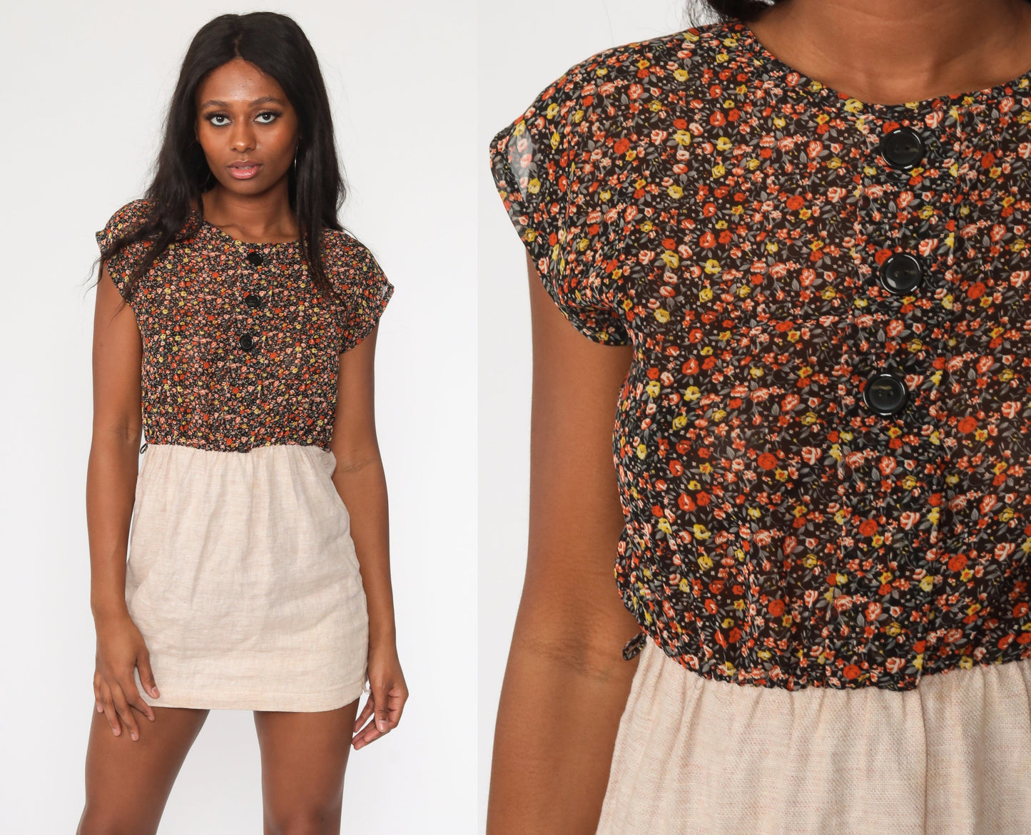 70s Brown Floral Mini Dress Button-Up High Waisted Cap Sleeve Small