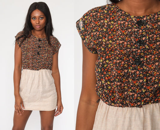70s Brown Floral Mini Dress Button-Up High Waisted Cap Sleeve Small