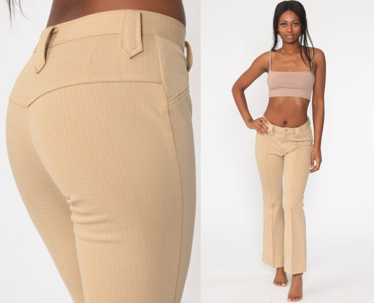 70s Tan Bell Bottom Pants High Waist Vintage Trousers Small 26