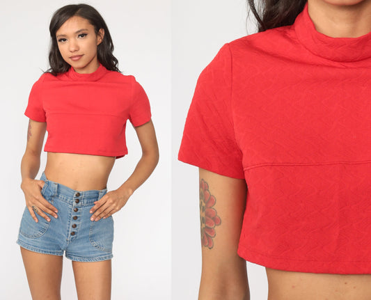 70s Red Mock Neck Crop Top Short Sleeve Polyester Shirt Small