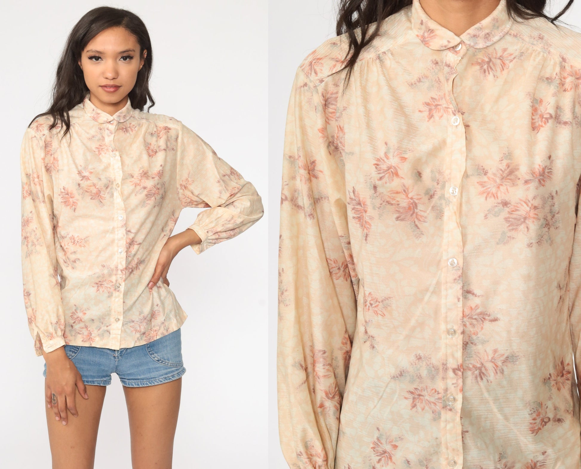 70s Floral Peter Pan Collar Blouse Cream Button-Up Long Sleeve Small